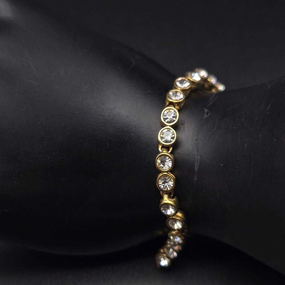 Clear Rhinestone Bezel Set Tennis Bracelet Gold Tone Vintage 1990s Jewelry